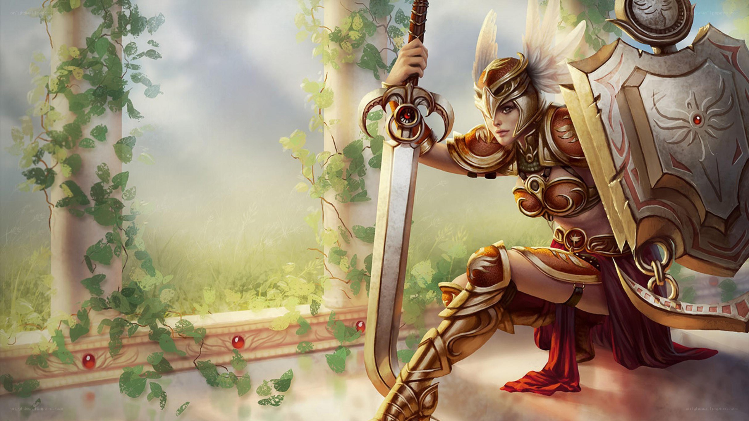 female warrior with sword and shield