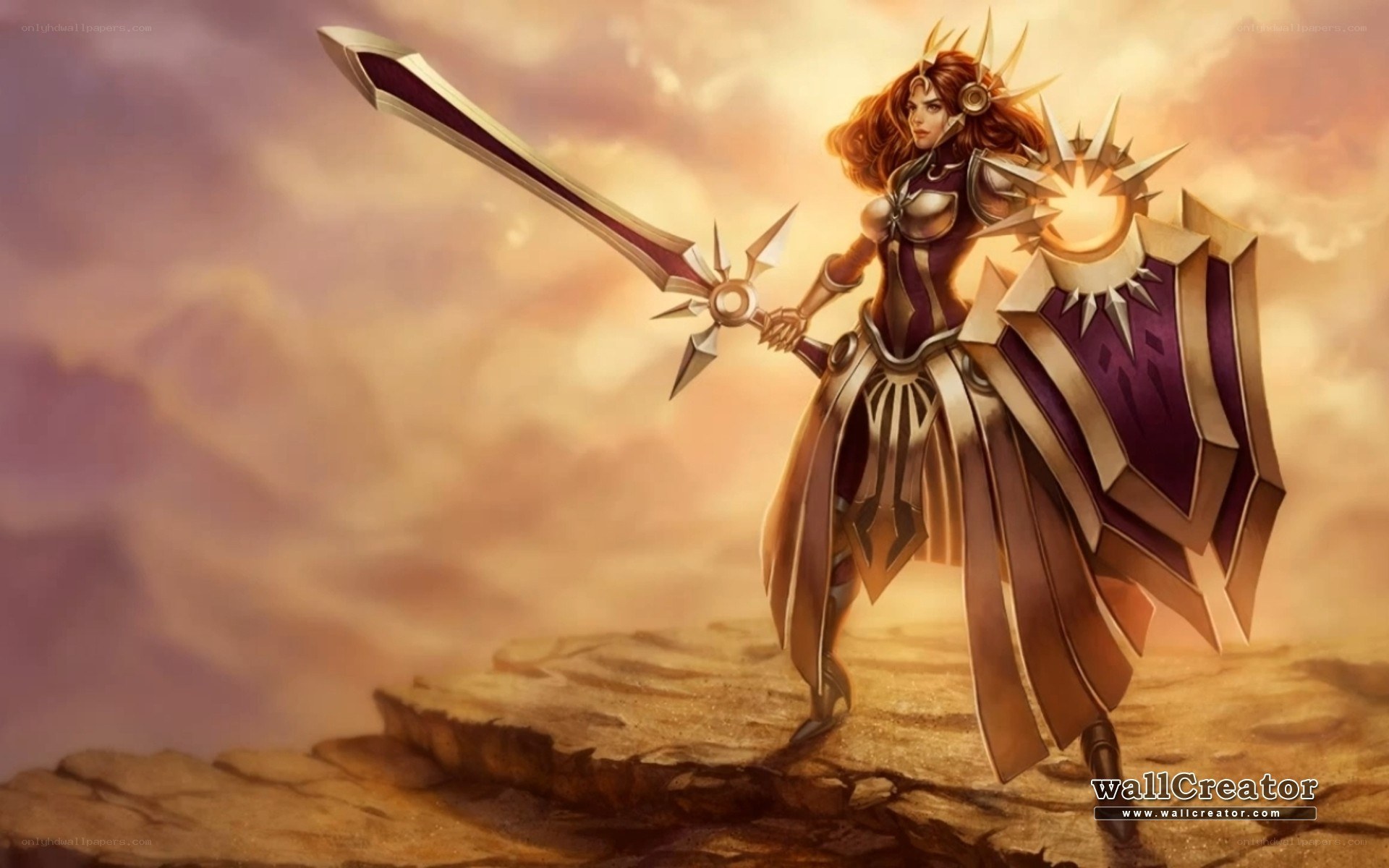 female warrior with sword and shield