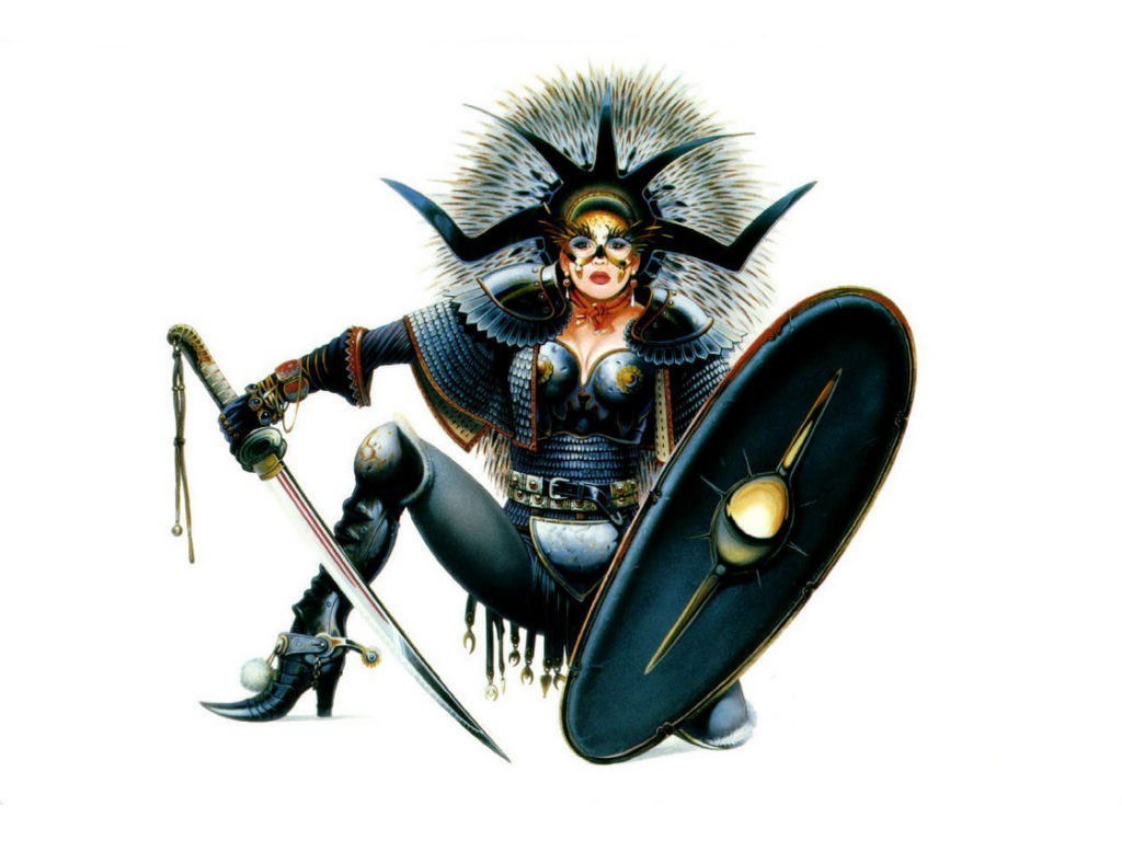 female warrior with sword and shield