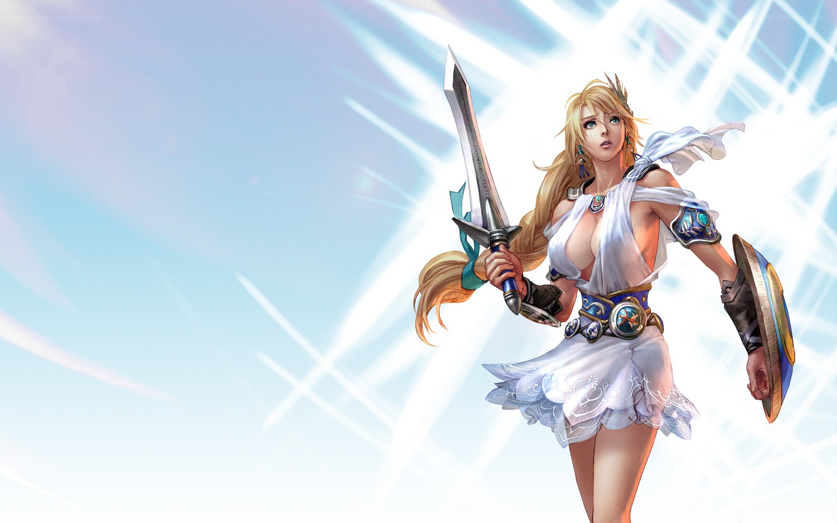 female warrior with sword and shield