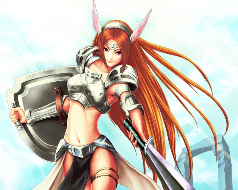 female warrior with sword and shield