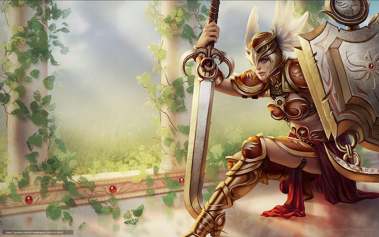 female warrior with sword and shield
