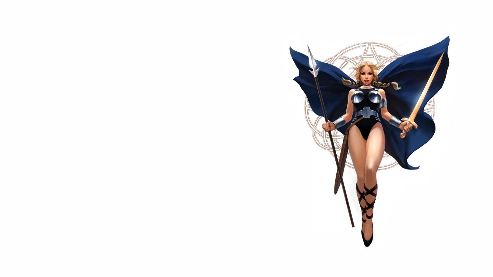 female warrior with sword and spear