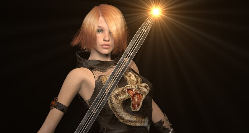 Female Warrior with Sword — Black, Dramatic, 3d Render, Snake