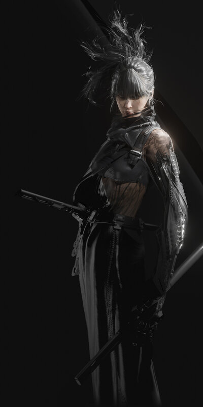 Female Warrior with Sword — Black, Dramatic, 3d Render, Tattoo