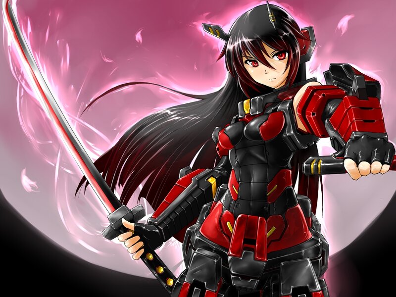 Female Warrior with Sword — Black, Dramatic, Anime, Armor, Long Hair