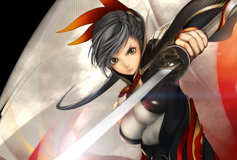 Female Warrior with Sword — Black, Dramatic, Anime, Long Hair