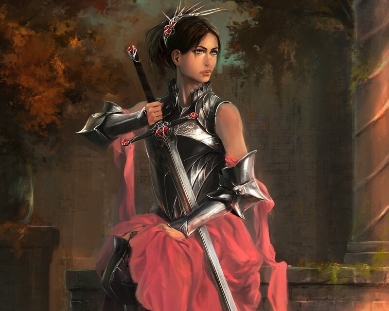 Female Warrior with Sword — Black, Dramatic, Autumn