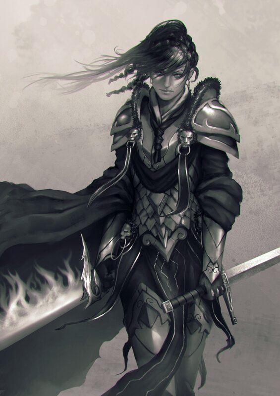 Female Warrior with Sword — Black, Dramatic, Digital Art, Armor, Cape