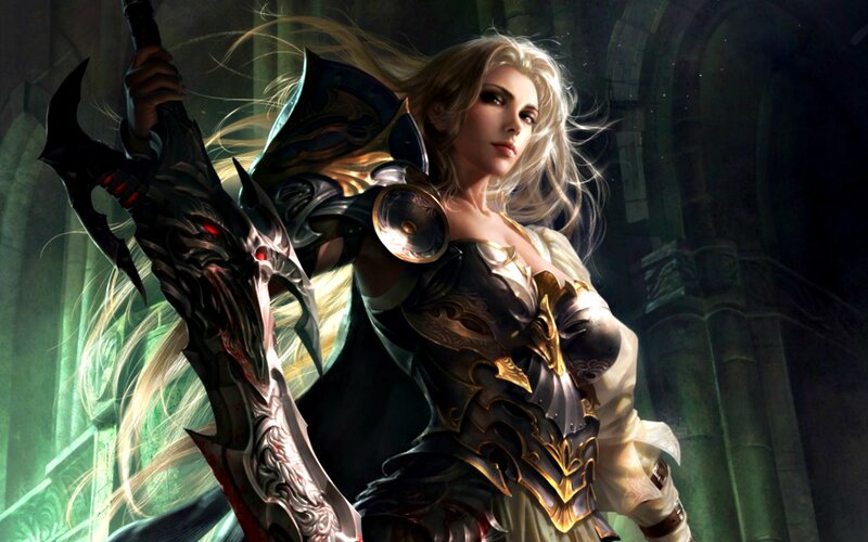 Female Warrior with Sword — Black, Dramatic, Digital Art, Armor, Castle