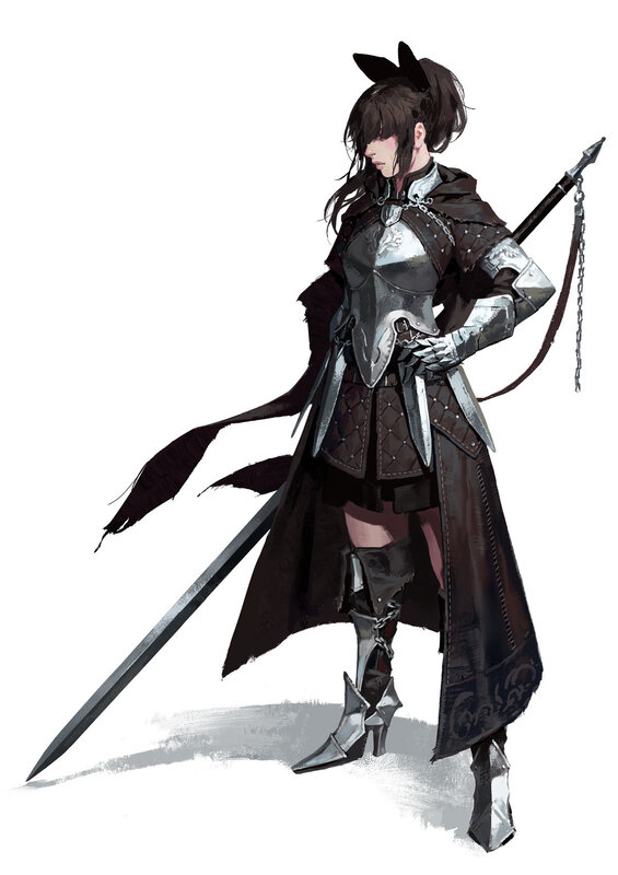 Female Warrior with Sword — Black, Dramatic, Digital Art, Armor, Cloak