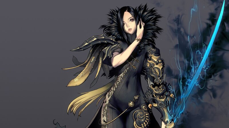 Female Warrior with Sword — Black, Dramatic, Digital Art, Armor, Feathered Cloak
