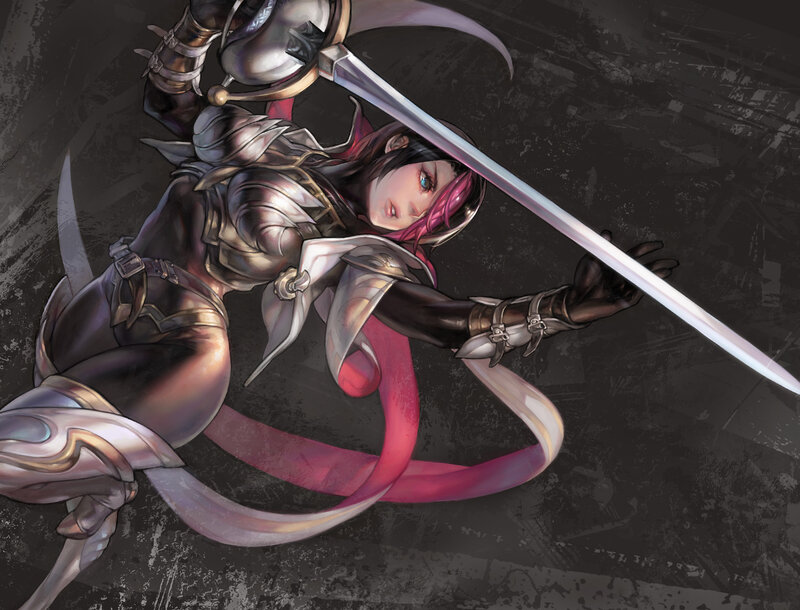 Female Warrior with Sword — Black, Dramatic, Digital Art, Armor, Ribbon