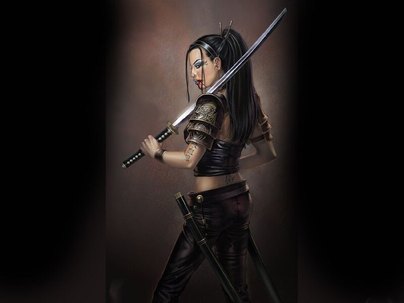 Female Warrior with Sword — Black, Dramatic, Digital Art, Armor, Tattoo