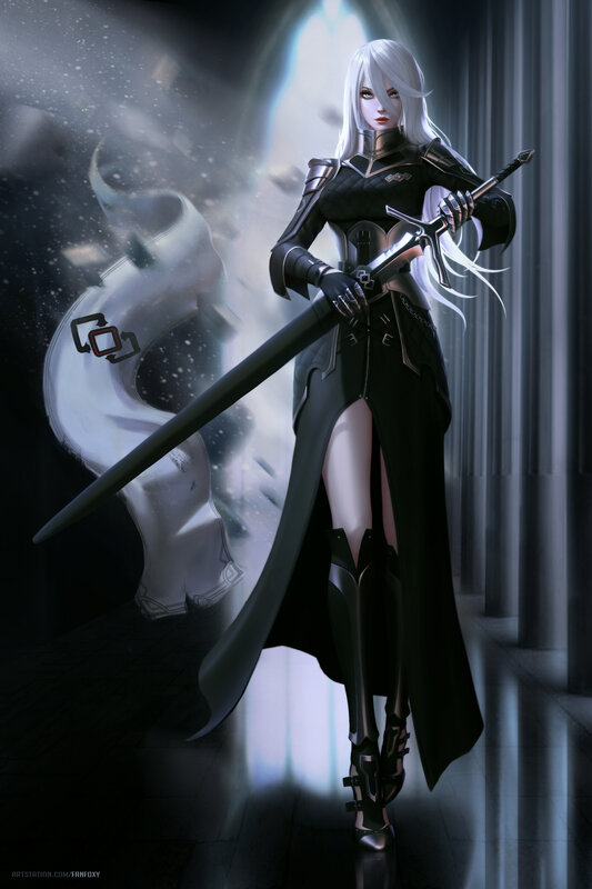 Female Warrior with Sword — Black, Dramatic, Digital Art, Armor, White Hair