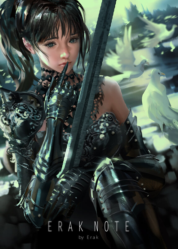 Female Warrior with Sword — Black, Dramatic, Digital Art, Birds