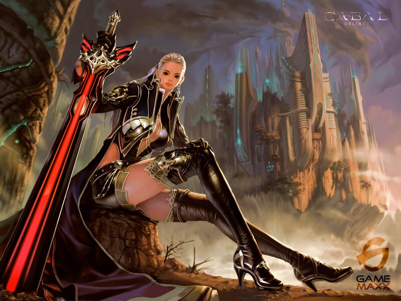 Female Warrior with Sword — Black, Dramatic, Digital Art, Castle, Boots