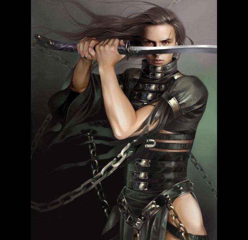 Female Warrior with Sword — Black, Dramatic, Digital Art, Chains