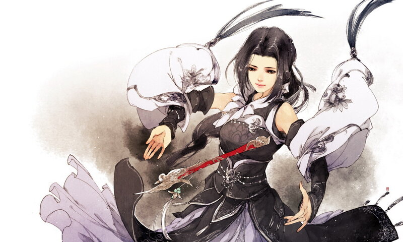 Female Warrior with Sword — Black, Dramatic, Digital Art, Flowing Robes