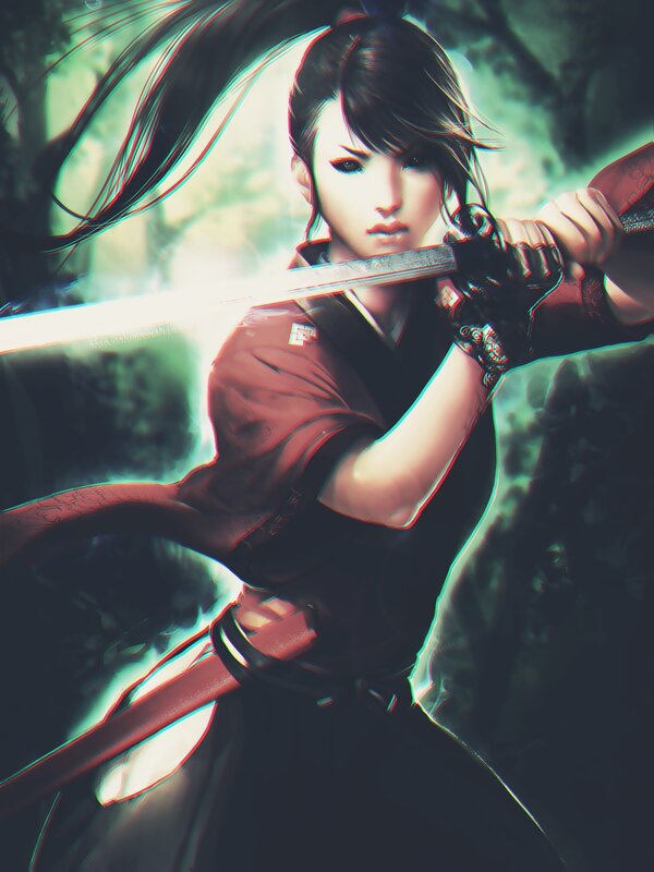 Female Warrior with Sword — Black, Dramatic, Digital Art, Forest