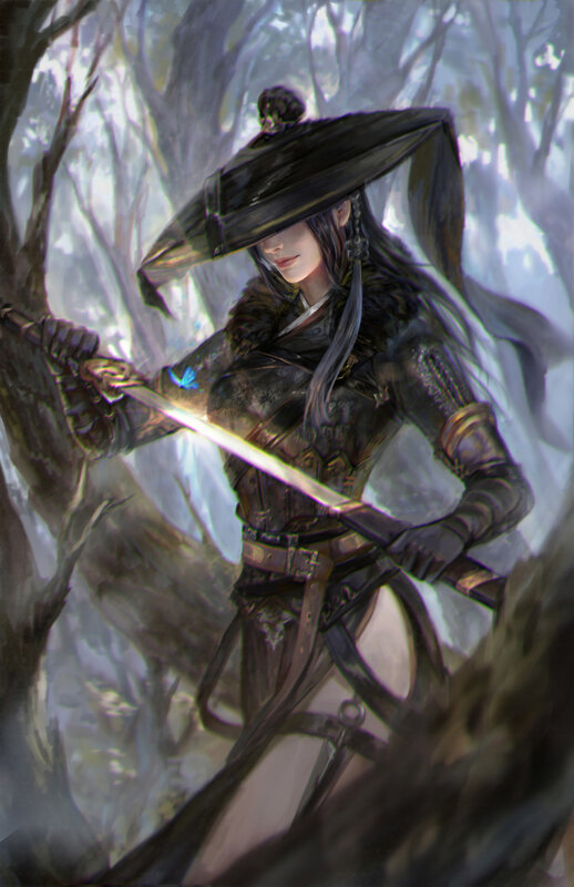 Female Warrior with Sword — Black, Dramatic, Digital Art, Hat