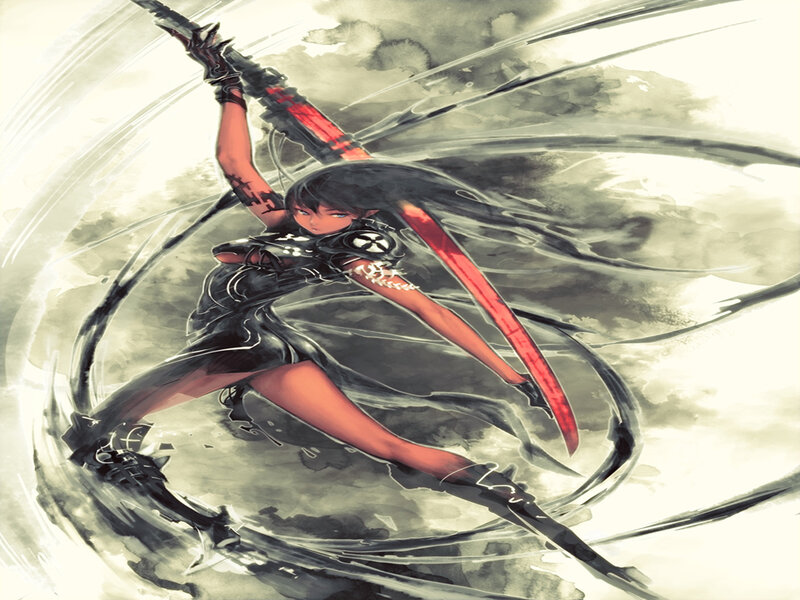 Female Warrior with Sword — Black, Dramatic, Digital Art, Long Hair