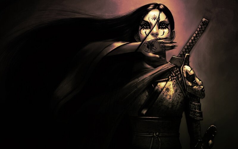 Female Warrior with Sword — Black, Dramatic, Digital Art, Mask, Cape, Brown, Gold