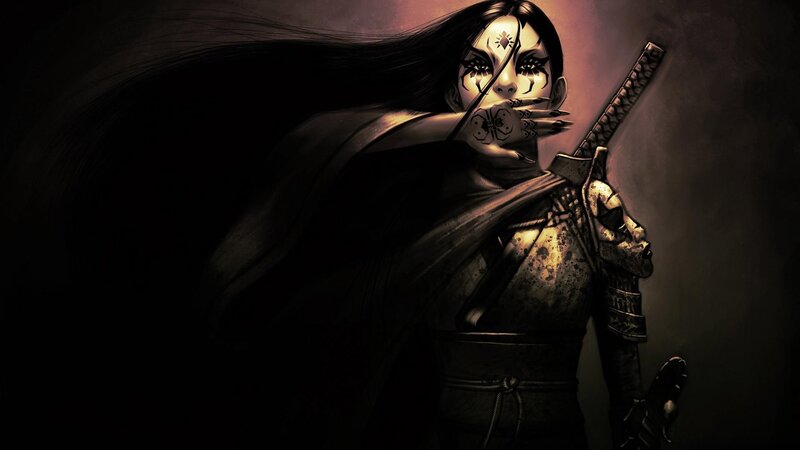 Female Warrior with Sword — Black, Dramatic, Digital Art, Mask, Cape