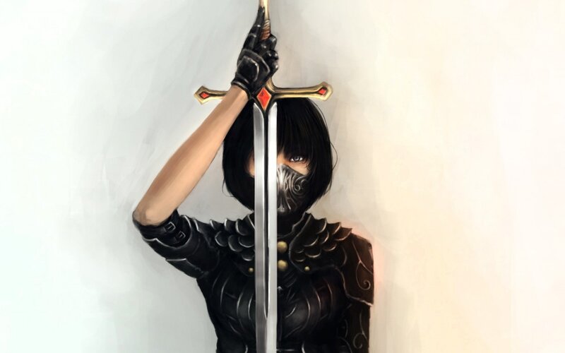 Female Warrior with Sword — Black, Dramatic, Digital Art, Mask