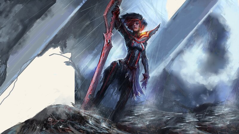 Female Warrior with Sword — Black, Dramatic, Digital Art, Rain, Storm