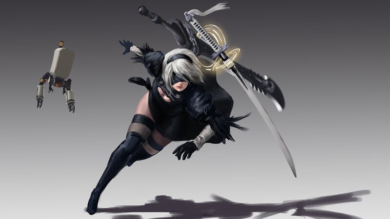 Female Warrior with Sword — Black, Dramatic, Digital Art, Robot Companion