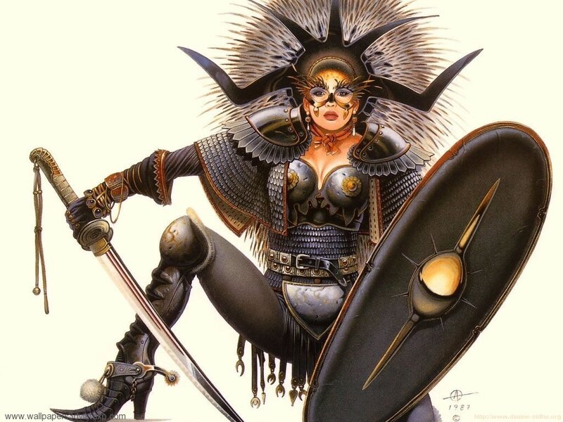 Female Warrior with Sword — Black, Dramatic, Digital Art, Shield, Mask, Gold