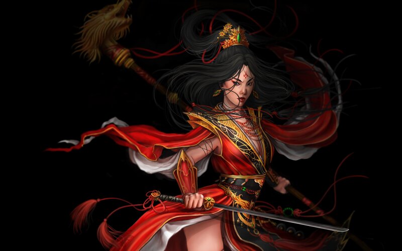 Female Warrior with Sword — Black, Dramatic, Digital Art, Staff