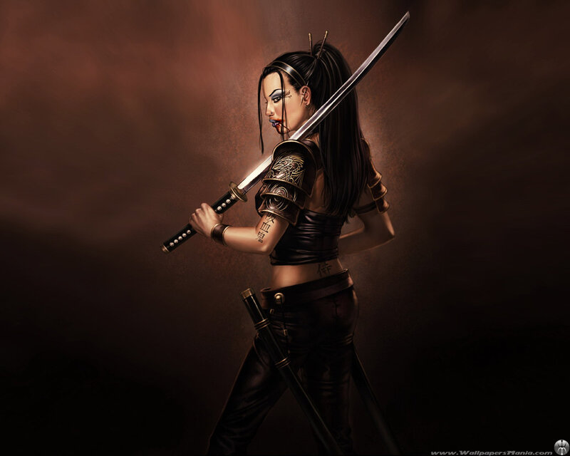 Female Warrior with Sword — Black, Dramatic, Digital Art, Tattoo, Arm Armor