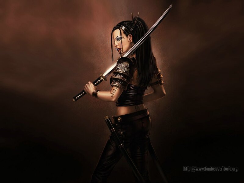 Female Warrior with Sword — Black, Dramatic, Digital Art, Tattoo, Armor, Brown