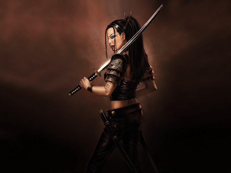 Female Warrior with Sword — Black, Dramatic, Digital Art, Tattoo, Armor