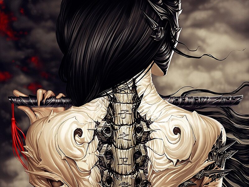 Female Warrior with Sword — Black, Dramatic, Digital Art, Tattoo, Long Hair