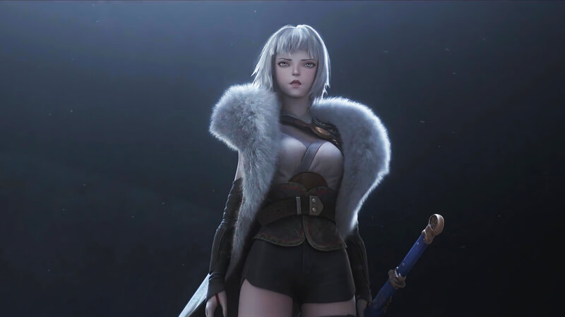 Female Warrior with Sword — Black, Dramatic, Night, 3d Render, Fur Coat