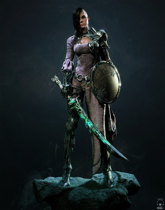 Female Warrior with Sword — Black, Dramatic, Night, 3d Render, Shield