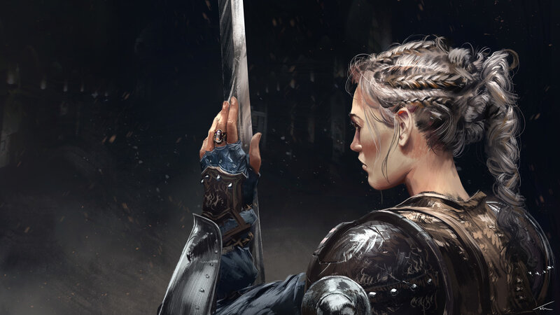 Female Warrior with Sword — Black, Dramatic, Night, Digital Art, Armor, Braided Hair