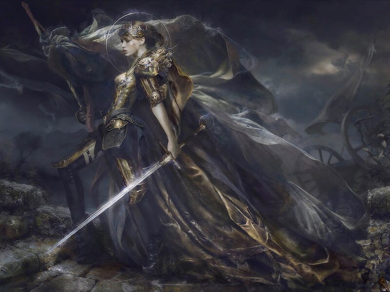 Female Warrior with Sword — Black, Dramatic, Night, Digital Art, Armor, Cloak