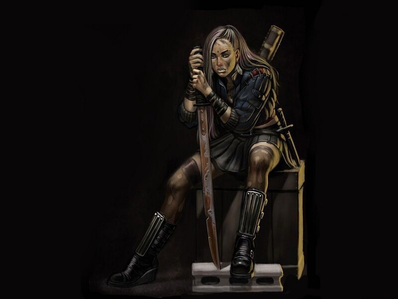 Female Warrior with Sword — Black, Dramatic, Night, Digital Art, Boot