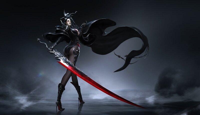 Female Warrior with Sword — Black, Dramatic, Night, Digital Art, Cape, High Heels