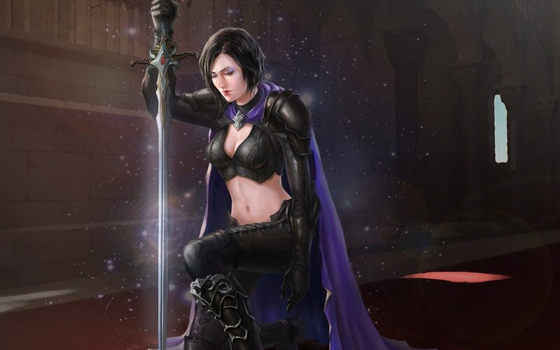 Female Warrior with Sword — Black, Dramatic, Night, Digital Art, Cape