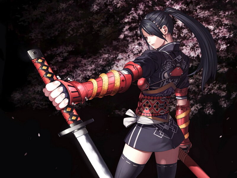 Female Warrior with Sword — Black, Dramatic, Night, Digital Art, Cherry Blossoms
