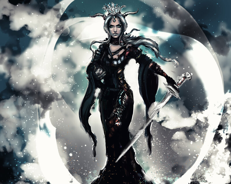 Female Warrior with Sword — Black, Dramatic, Night, Digital Art, Crown