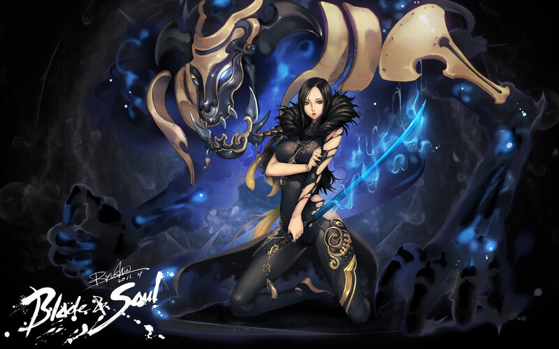 Female Warrior with Sword — Black, Dramatic, Night, Digital Art, Dragon