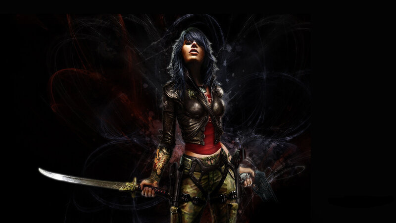 Female Warrior with Sword — Black, Dramatic, Night, Digital Art, Gun