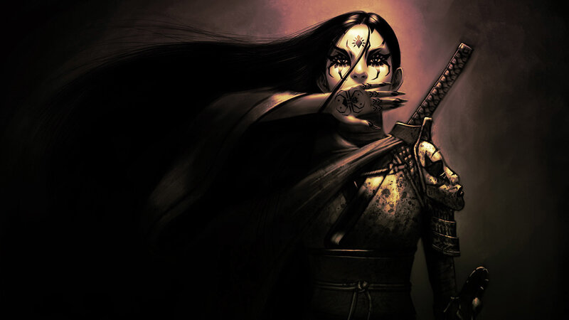 Female Warrior with Sword — Black, Dramatic, Night, Digital Art, Mask, Cape, Brown, Gold