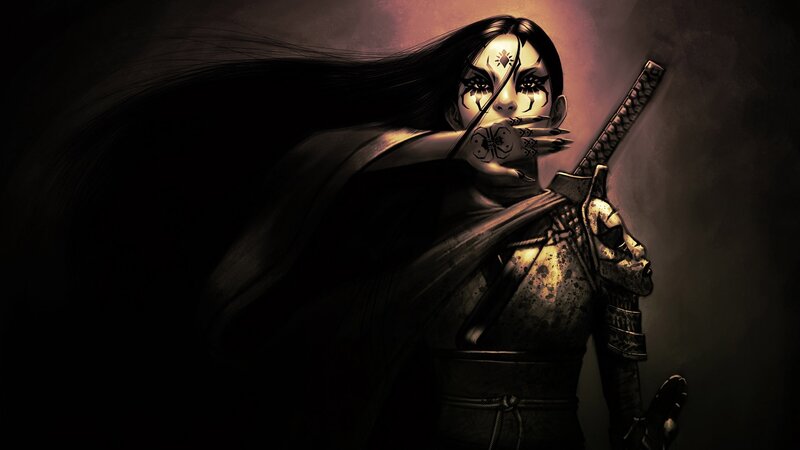Female Warrior with Sword — Black, Dramatic, Night, Digital Art, Mask, Cape